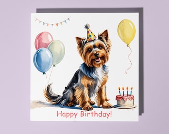 Handmade Cute Yorkshire Terrier With Cake Happy Birthday Card - Funny Animal Card Animal Lovers Premium Greeting Card With White Envelope