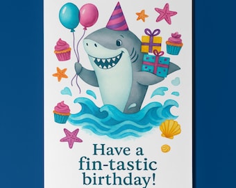 Shark Party Fun - Have a fin-tastic birthday! Card Funny Animals Premium Greeting Card and Envelope Personalised - Friends Family members