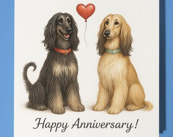 Afghan Hounds Dogs and red heart - Happy Anniversary Card  Funny Animal - Premium Greeting Card & Envelope - Personalised Dog card - Husband