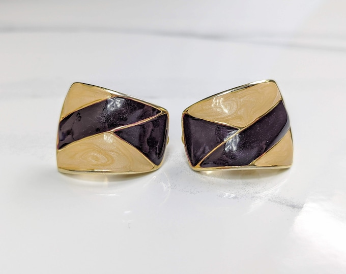 Lovely Vintage Jewellery Deep Purple Shimmering Sand Colour Enamel Clip Earrings