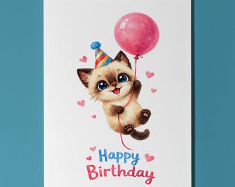 Siamese Cat Birthday Card Personalised Flying Balloon Cute Kitten Gift