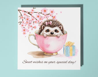 Handmade Cute Hedgehog in a cup Sweet Wishes on your special day! Card Funny Animal Card Animal Lovers Premium Greeting Card Envelope