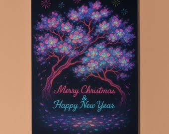 Neon Blossom Merry Christmas Happy New Year – Bright Sakura Tree Art Card - Premium Greeting Card Envelope - Personalised card - Friends