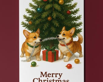 Corgi Dog - Festive Tug of Joy - Merry Christmas Card - Funny Dogs - Dog Breeds - Premium Greeting Card & Envelope Personalised - Friends