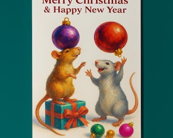 Two rats Bauble Balancers - Merry Christmas & Happy New Year Card - Funny animals - Premium Greeting Card and Envelope - Personalised card