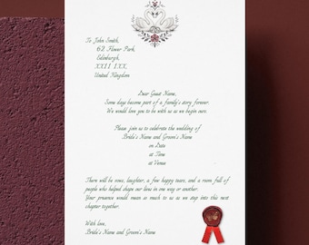 Personalised Wedding Invitation, A4 Wax Seal, Handwritten Style Printed Wedding Invite, Handmade