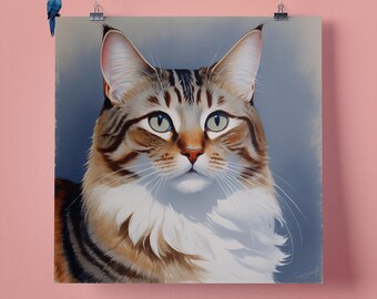 Elegant Fluffy Tabby Cat, Pet Portrait, Wall Art Print, Perfect Gift for Pet Lovers 295mm x 295mm, 300GSM Matte Paper, Unframed