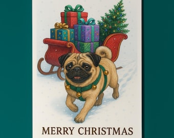 Pug Dog - Santa’s Helpers Collection - Merry Christmas Card - Funny Dog Breeds - Premium Greeting Card & Envelope - Personalised card
