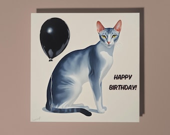 Handmade Sleek and graceful Blue Oriental cat  - Happy Birthday Card Funny Animal Card Animal Lovers Premium Greeting Card & Envelope