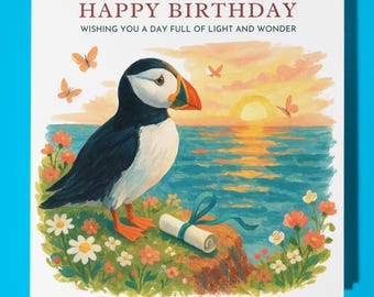 Puffins Collection - Wishing You a Day Full of Light - Happy Birthday Card - Premium Greeting Card and Envelope - Personalised funny card