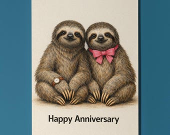 Animal Hugs Collection Sloths - Time Flies When I'm With You Happy Anniversary Card - Premium Greeting Card Envelope - Personalised funny