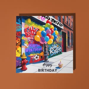 Parede de grafite colorido feito à mão em Nova York Feliz Aniversário! Cartão surpresa Cartão Cartão de felicitações premium e envelope