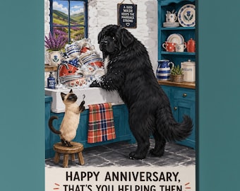 Newfoundland Dog Siamese Cat Personalised Anniversary Card, Funny Marriage Washing Up Gift