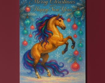 New Year Horse - Rising Horse - Merry Christmas and Happy New Year Card - Premium Greeting Card and Envelope Personalised card - Friend