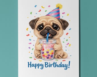Kawaii Art Series Bulldog puppy: Sweet Boba Sip Bubble Tea Happy Birthday Card Premium Greeting Card Envelope Personalised  Dog Breeds