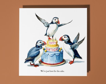 Handmade Cute Puffins We're just here for the cake Happy Birthday Card Funny Animal Card Animal Lovers Premium Greeting Card and Envelope