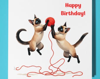 Siamese Cats Happy Birthday Card - Funny Animal - Premium Greeting Card & Envelope - Personalised cats card  Son Sister Friend Mum Daughter
