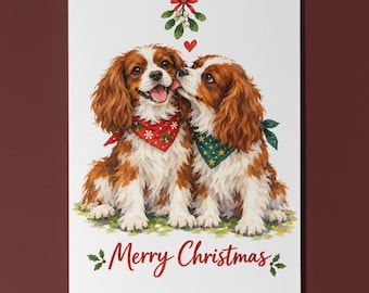 Cavalier King Charles Spaniel Christmas Dog Card, Mistletoe Pair, Personalised