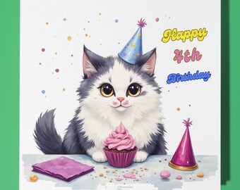 Cat Happy 4th  Birthday Card - Funny Animal - Premium Greeting Card & Envelope - Personalised Cat card -grandson granddaughter daughter son