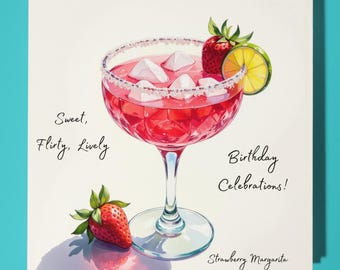 Strawberry Margarita - Sweet, Flirty, Lively  - Happy Birthday Card - Premium Greeting Card & Envelope - Personalised funny card