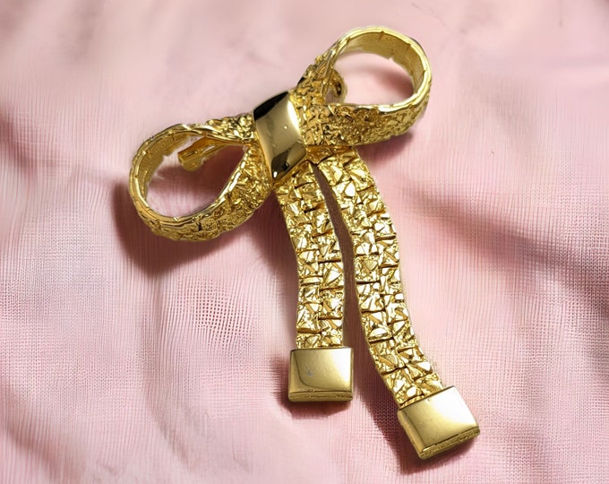 Lovely Vintage Jewellery Gold-tone Dangles Bow Design Brooch