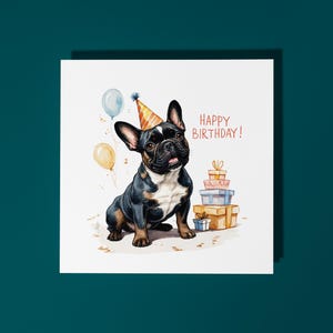 Cão Bulldog Francês Bonito Feito à Mão Raça com Bolo Cartão de Feliz Aniversário Cartão Engraçado Animal Amantes de Animais Cartão de Saudação Premium e Envelope