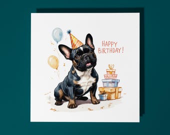 Handmade Cute French Bulldog Dog breed with Cake Happy Birthday Card Funny Animal Card Animal Lovers Premium Greeting Card & Envelope