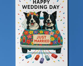 Dog Breeds Collection - Border Collie Dogs Duo - Happy Wedding Day Card - Funny Animal - Premium Greeting Card Envelope - Personalised card