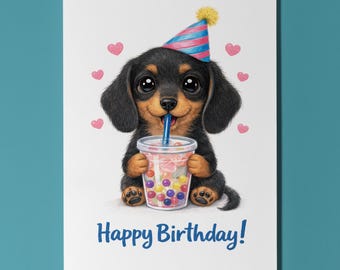 Dachshund Dog Boba Bubble Tea Birthday Card, Kawaii Cute Personalised Dog Lover Gift