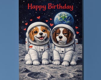 Beagle Springer Spaniel Personalised Birthday Card, Space Moon Astronaut Dog Gift