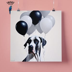 Elegante stampa artistica da parete raffigurante un alano con palloncini neri, regalo perfetto per gli amanti degli animali, 295 mm x 295 mm, carta opaca da 300 g/m², senza cornice
