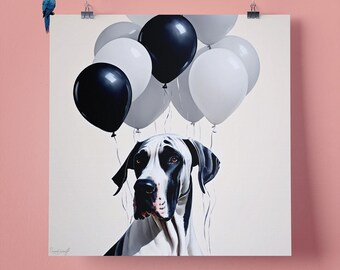 Elegant Great Dane Dog Black Balloons Pet Portrait Wall Art Print, Perfect Gift for Pet Lovers, 295mm x 295mm, 300GSM Matte Paper, Unframed