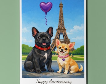 Paris France Eiffel Tower French Bulldog Chihuahua dogs Happy Anniversary Card and Envelope Funny Premium Personalised Couples Spouses Wife