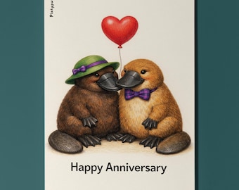 Animal Hugs Series - Platypuses: Heart to heart - Happy Anniversary Card - Funny Animal - Premium Greeting Card & Envelope - Personalised