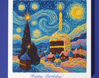 The Starry Cake - Van Gogh - Happy Birthday Card - Funny Premium Greeting Card & Envelope - Personalised funny card - friend family Dad