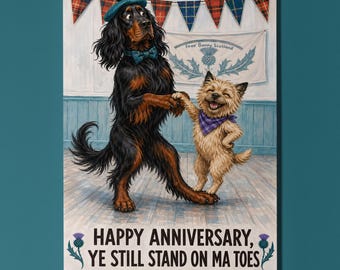 Gordon Setter Cairn Terrier Personalised Anniversary Card, Funny Scottish Dance Dog Couple Gift