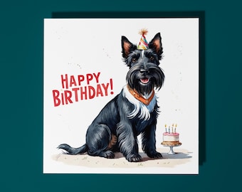 Handmade Cute Scottish Terrier Dog breed with Cake Happy Birthday Card Funny Animal Card Animal Lovers Premium Greeting Card & Envelope