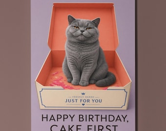 British Shorthair Cat Personalised Birthday Card, Funny Cake First Cat Gift