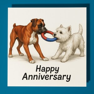 Boxer West Highland White Terrier Happy Anniversary Card - Zabawne zwierzę - Premium Card Greeting & Envelope - Personalizowana karta z psem - Para