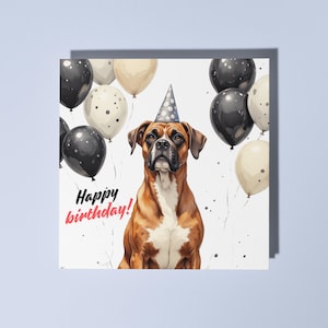 Handgefertigter Boxer Hund mit weißen und schwarzen Luftballons Happy Birthday Karte Lustige Tierkarte Tierliebhaber Premium Grußkarte & Umschlag