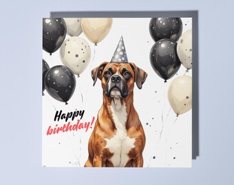 Handmade Boxer dog with white and black balloons Happy Birthday Card Funny Animal Card Animal Lovers Premium Greeting Card & Envelope