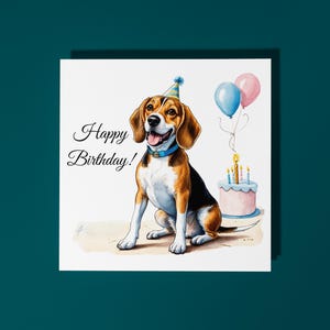 Tarjeta de feliz cumpleaños hecha a mano con una linda raza de perro Beagle y un pastel Tarjeta divertida con animales Tarjeta de felicitación y sobre premium para amantes de los animales