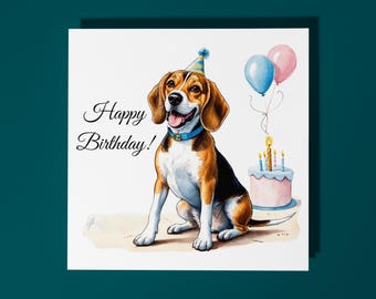 Handmade Cute Beagle Dog Breed with Cake Happy Birthday Card Funny Animal Card Animal Lovers Premium Greeting Card & Envelope