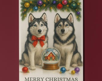 Husky Dogs Duo - Cozy Nose & Snow Globe Merry Christmas Card - Funny Dogs - Dog Breeds - Premium Greeting Card and Envelope - Personalised