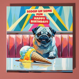 Mops - Geburtstagskarte - Lustiges Tier - Premium Grußkarte & Umschlag - Personalisierte Hundekarte - 80er Jahre Karte - Sohn Schwester Freund