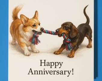 Welsh Corgi and Dachshund dogs - Happy Anniversary Card - Funny Animal - Premium Greeting Card Envelope - Personalised card - Husband Wife