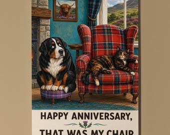 Bernese Mountain Dog Calico Cat Personalised Anniversary Card, Funny Scottish Cottage Pet Couple Gift