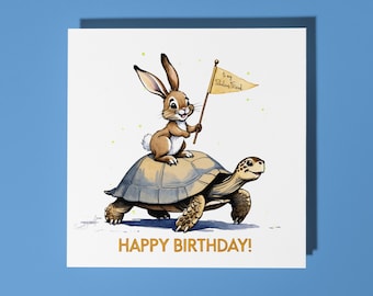 Handmade Bunny riding on a turtle Happy Birthday To my fabulous friend Card Funny Animal Card Animal Lovers Premium Greeting Card & Envelope