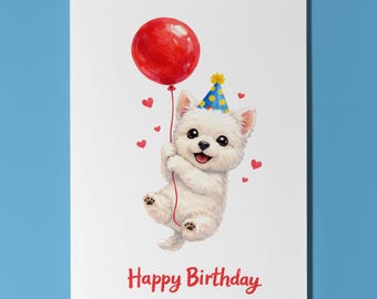 West Highland White Terrier Personalised Birthday Card, Westie Flying Balloon Dog Gift