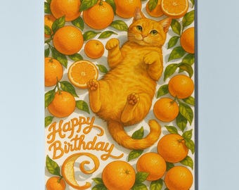 Sunny Orange Ginger Cat - Fruity Friends Collection Birthday Card - Funny Animals - Premium Greeting Card Envelope - Personalised - Friends